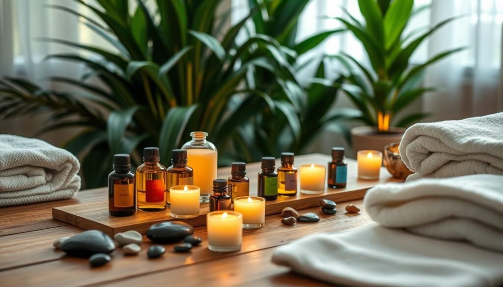 home spa with essential oils and relaxation ambiance